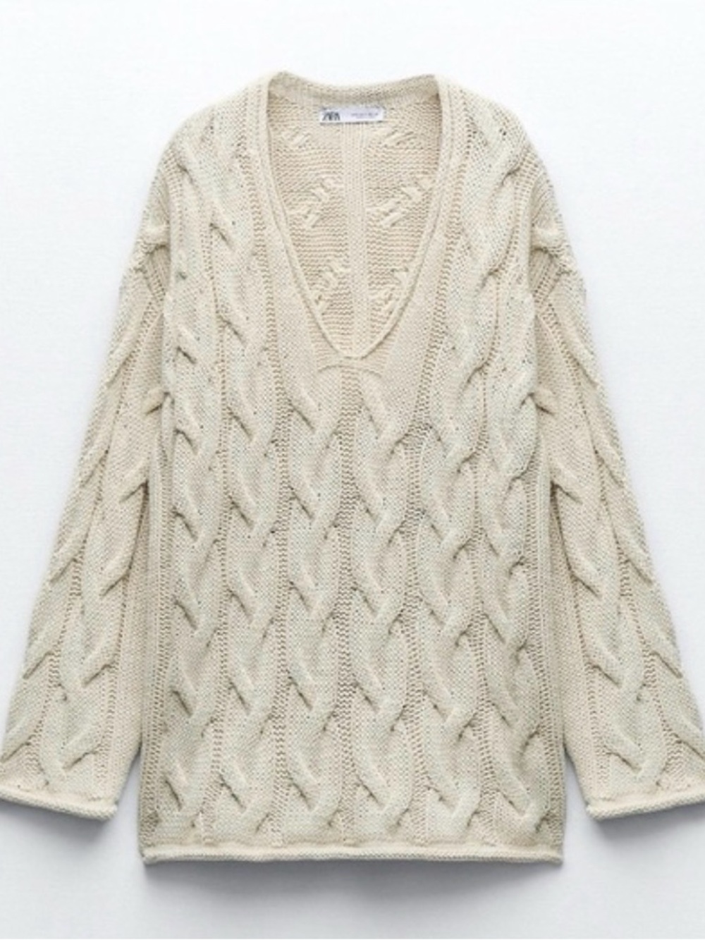 Zara Cream Cable Knit V-Neck Sweater